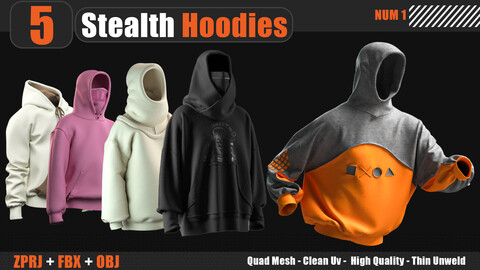 5 Stealth Hoodies Vol1 (MARVELOUS DESIGNER AND CLO3D : ZPRJ, OBJ, FBX,Clean UV)