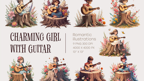 Charming Girl with Guitar. Romantic clipart.