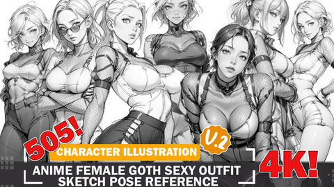 505 Various Anime Female Goth Sexy Outfit Sketch Pose Characters Reference Intricate Designs and Designs Reference Art V2 4K