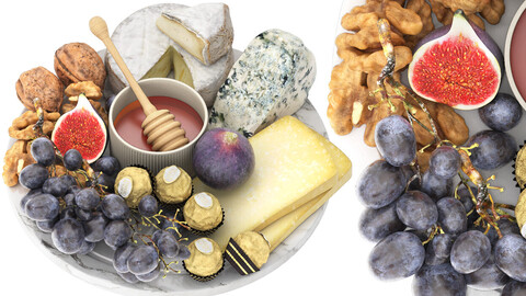 plate of honey and cheese with grapes walnuts and figs