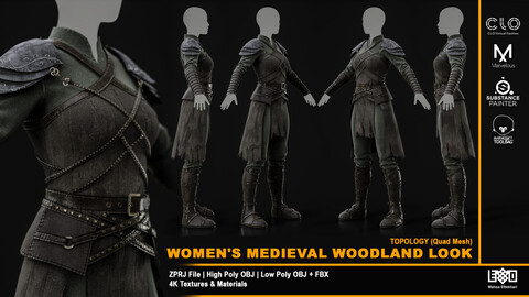 Women's Medieval Woodland Look | ZPRJ , OBJ , FBX Files + Texture Sets