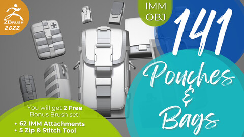 141 Pouches and Bags IMM + OBJ files | (Leather, Military Pouches)  + 2 Free IMM Brush sets (Brush version)