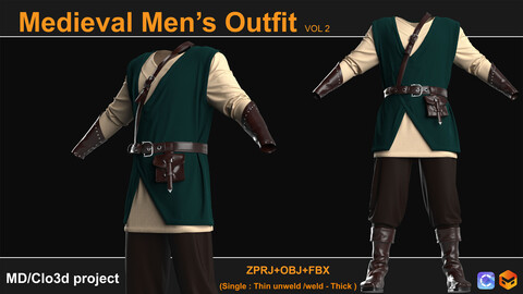 Medieval Men's Outfit (VOL.02). Marvelous Designer/Clo3D project file + OBJ,FBX