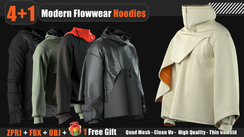 4+1 Modern Flowwear Hoodies Vol 5 (MARVELOUS DESIGNER AND CLO3D : ZPRJ, OBJ, FBX,Clean UV) + 1free