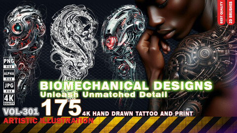 175 4K Biomechanical Designs for Tattoos & Graphics | Unleash Unmatched Detail - (JPEG & TRANSPARENT PNG & ALPHA) - VOL 301