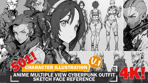 501 Anime Multiple View Cyberpunk Outfit Sketch Pose Characters Reference Intricate Designs and Designs Reference Art V1 4K