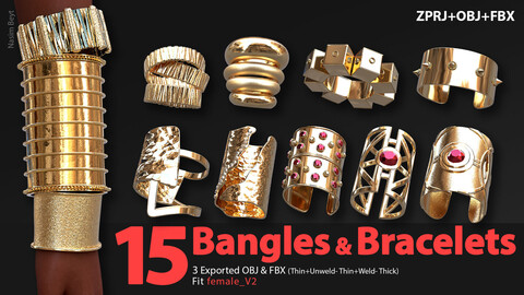 15 Bangles & Bracelets Collection (Vol. 01). Marvelous Designer/Clo3D project file+OBJ,FBX