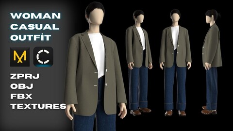 Woman Casual Streetwear Outfit Modeling in in Clo3D - Marvelous Designer / Blazer Jacket, Denim, Long Sleeve Tshirt / Green / Sabo / Ugg