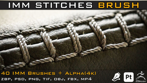 40 IMM Stitches, Sewing Brush for Zbrush and Substance Painter( with Alpha_4k )+ obj & fbx+ Video Tutorial/V-03