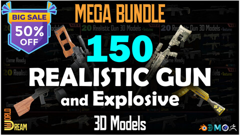 150 Realistic Gun and Explosive 3D Models with Textures | Game Ready | MEGA BUNDLE