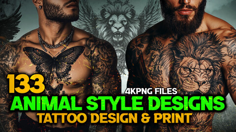 133 Animal style Tattoo Design and Print Art ( PNG Files )-4K High Quality