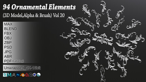 94 Ornamental Elements Brush + Alpha + 3D Model Vol 20