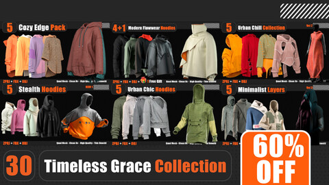 30 Timeless Grace Collection (MARVELOUS DESIGNER AND CLO3D : ZPRJ, OBJ, FBX,Clean UV) 60% OFF