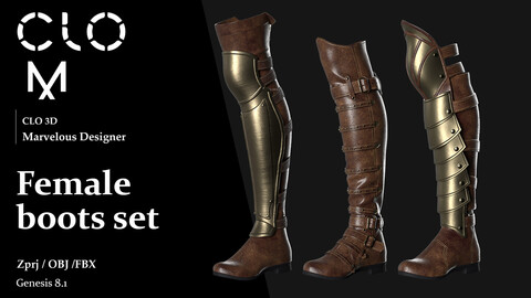 Female boots set / Marvelous Designer/Clo3D project file + OBJ, FBX