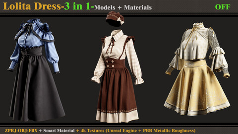 3 in 1 Lolita Dress-MD/Clo3d (OBJ + FBX +ZPRJ) + Smart Material + Textures-VOL2