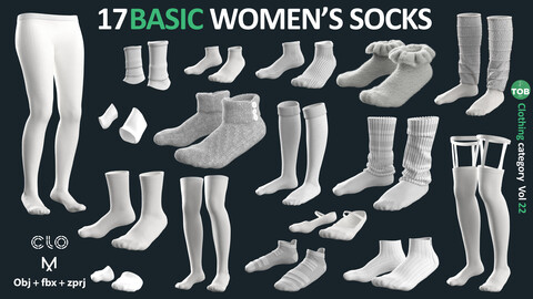 17 BASIC WOMEN'S SOCKS / ZPRJ + OBJ + FBX / Marvelous + Clo3D