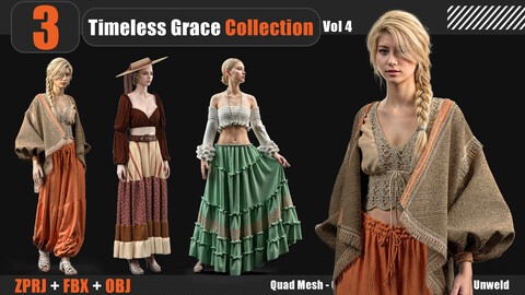 3 Timeless Grace Collection - Vol. 4 (MARVELOUS DESIGNER AND CLO3D : ZPRJ, OBJ, FBX,Clean UV)