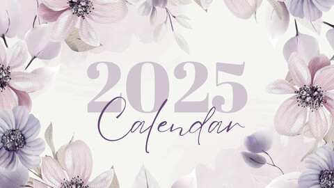 2025 Wall Calendar Cream Purple Aesthetic Floral Watercolor Illustration