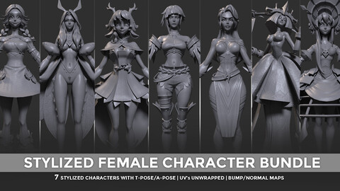 Stylized Female Characters | UV's unwrapped | T-Pose | FBX | OBJ | Included High-Resolution Normal Maps.