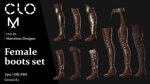 Female boots set / Marvelous Designer/Clo3D project file + OBJ, FBX