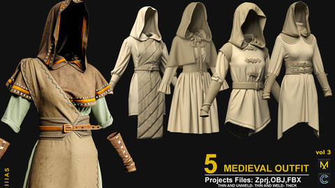 5 MEDIEVAL OUTFIT VOL 3(MARVELOUS DESIGNER AND CLO3D)ZPRJ, OBJ, FBX,UV)4K TEXTUER ( SUBSTANCE PINTER )