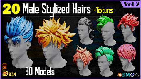 20 Male Stylized Hair 3D Models | Vol 2