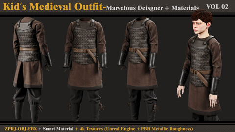 Kid's Medieval Outfit- MD/Clo3d + Smart Material + 4K Textures + OBJ + FBX (vol 02)