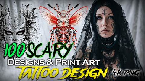 100 Scary Style Tattoo Design and Print Art( PNG Files )-4K- High Quality Vol 20