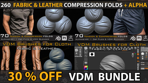 260 VDM Brushes Cloth Leather & Fabric Brushes +Alpha (4k) +Video Tutorial for Blender and Substance Painter- Bundle ( 30% OFF_ FULL PACK ) VOL 07