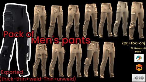 pack of pants for men Marvelous / CLO Project file ZPRJ (A Pose, and Clo3d Textures) OBJ  with Textures FBX with Textures UV Ready Avatar : DAZ Studio. Genesis 8 Female Base