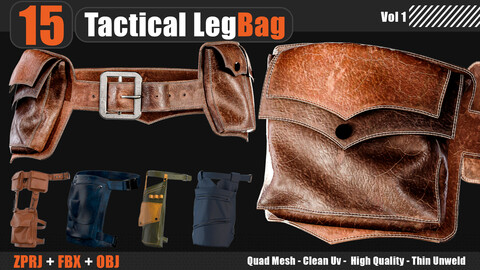 15 Tactical Leg Bag Collection - Vol.1 (MARVELOUS DESIGNER AND CLO3D : ZPRJ, OBJ, FBX,Clean UV)