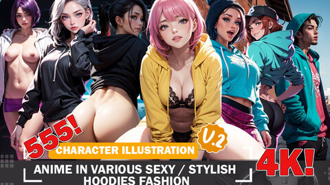 555 Anime in Various Sexy & Stylish Hoodies Diverse Outfit Character Design Reference Art V2 4K