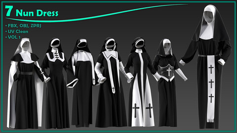 7 female nun dress/ zprj+obj+fbx/ clo3d, marvelous designer/vol1