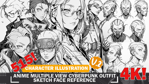 515 Anime Multiple View Cyberpunk Outfit Sketch Pose Characters Reference Intricate Designs and Designs Reference Art V2 4K