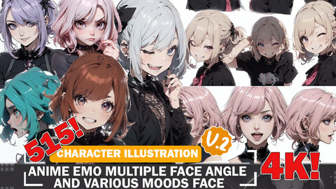 515 Anime Emo Girls Multiple Face Angle and Mood face Reference Art Diverse Character and Outfit Guide Intricate Design Art V2 4K