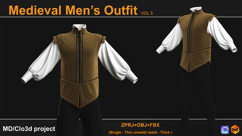 Medieval Men's Outfit (VOL.03). Marvelous Designer/Clo3D project file + OBJ,FBX