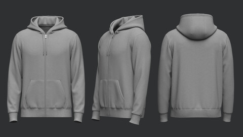 Male Front Zip Hoodie_Hood Off 3D Model