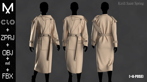 Coat Female Marvelous designer/Clo3d OBJ mtl FBX ZPRJ +A-POSE