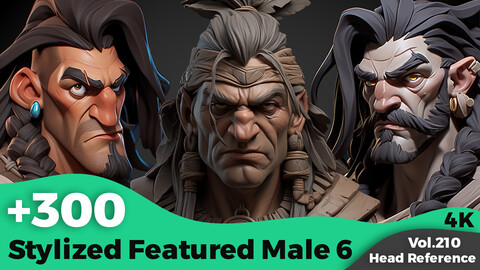 +300 Stylized Featured Male 6 Head Sculpt Reference Images(4k)