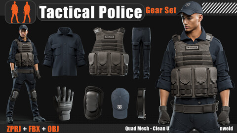 Tactical Police Gear Set (MARVELOUS DESIGNER AND CLO3D  & Max2021 : ZPRJ, OBJ, FBX,Clean UV)