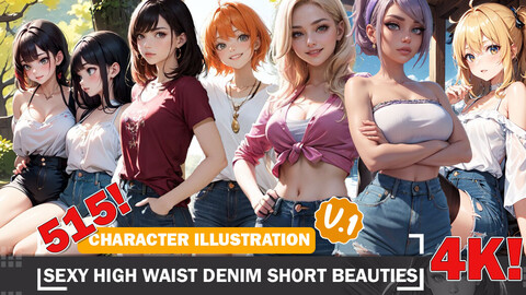 515 Sexy High-Waist Denim Short Beauties Diverse Outfit Character Design Reference Art V1 4K