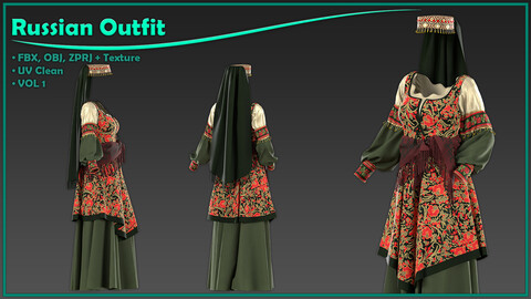 female Russian outfit with texture/ zprj+obj+fbx+4K PBR/ clo3d, marvelous designer/ vol1