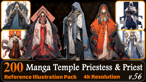 200 Manga Temple Priestess and Priest (Full Body) Reference Pack | 4K | v.56