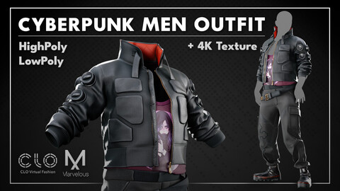 Game Ready Cyberpunk Men Outfit , Marvelous / Clo3d + OBJ , FBX + 4K Textures