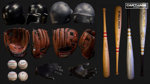 Baseball Equipment 3D Asset Pack – Gloves, Helmets, Bats, and Balls