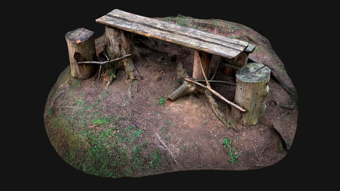 Medieval Wooden Bench and Table in the Mountains