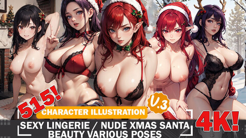 515 Sexy Nude Lingerie Xmas Santa Santi Beauties Various Poses Diverse Outfit Character Design Reference Art V3 4K