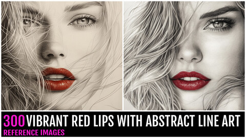 300 Vibrant Red Lips With Abstract Line Art