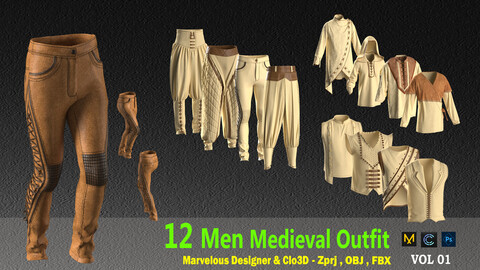 12 Men Medieval  outfit   - VOL1 (CLO3D & MARVELOUS DESIGNER ) ZPRJ,FBX,OBJ,PNG,UV