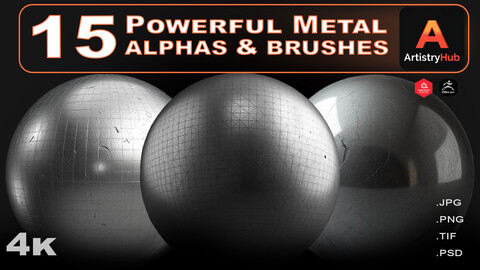 15 Metal Brushes and Alphas for ZBrush, Blender, and Substance Painter (COUPON Applied)